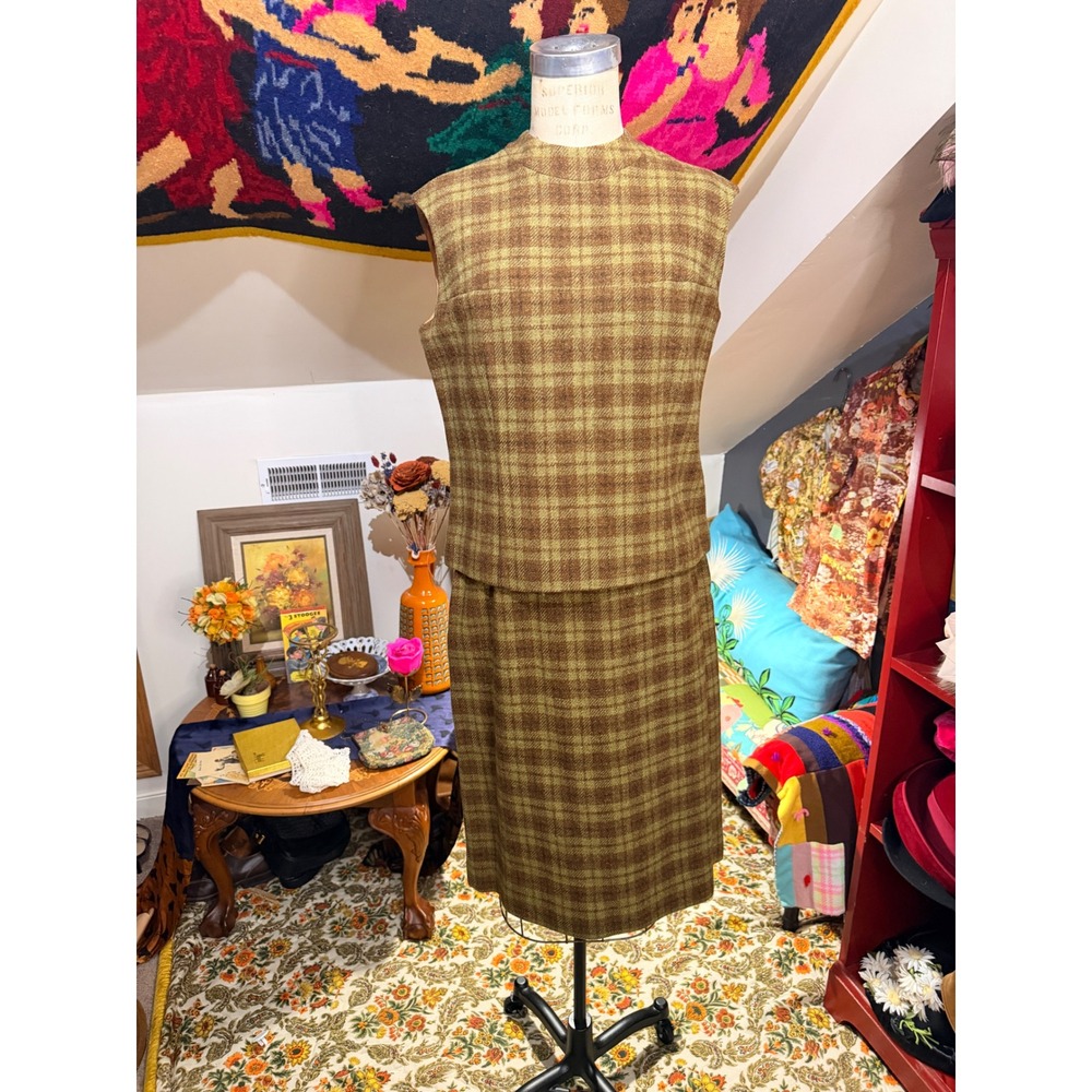 Vintage 1960s Pendleton Wool Plaid Skirt Set Brown Green Sleeveless Shell 2pc